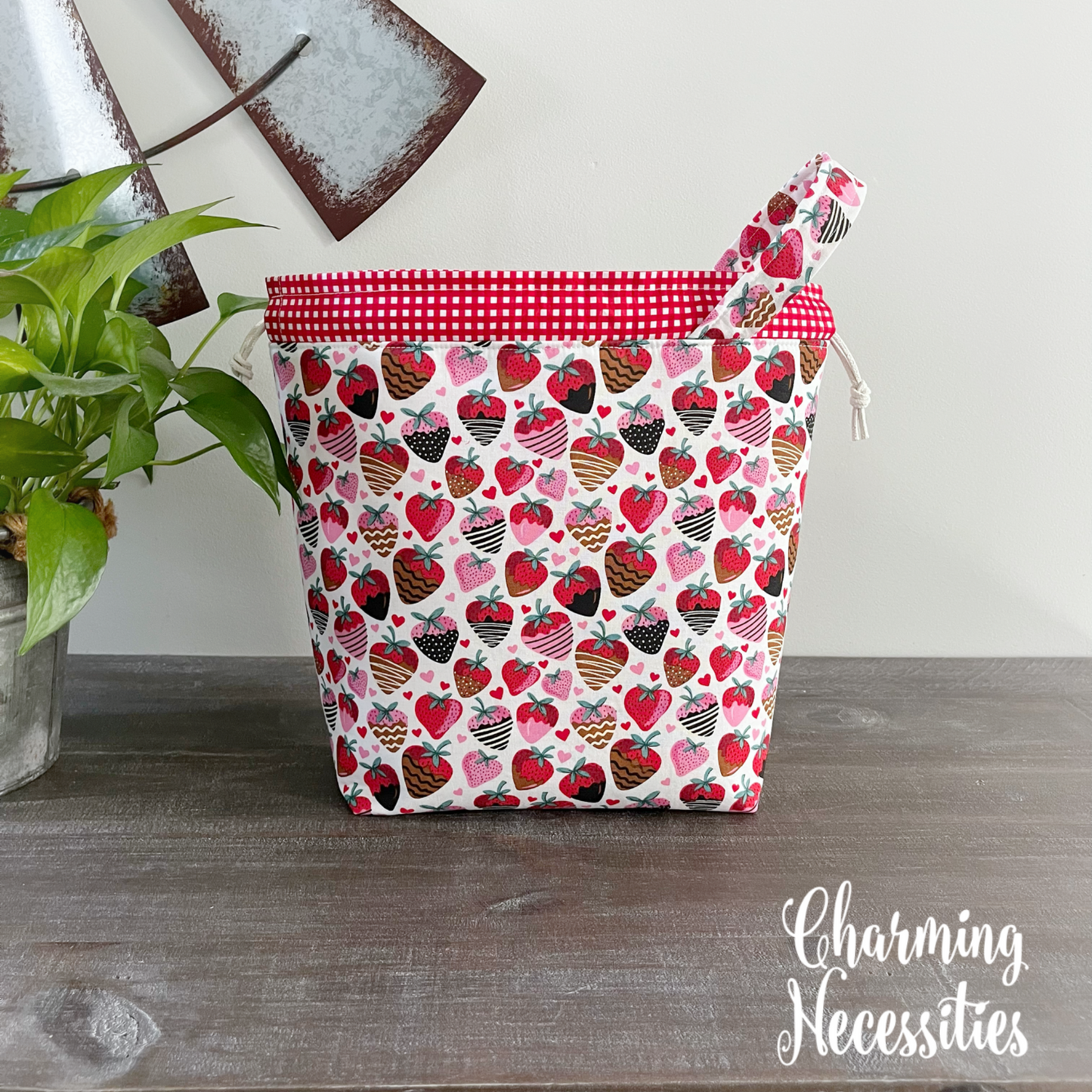 Knitting Project Bag, Strawberries and Hearts Drawstring Tote, Crochet Sewing Makeup Pouch Project Bag, Gifts for Knitters Crocheters