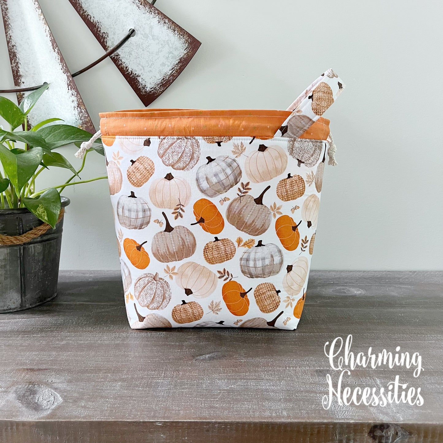 Knitting Project Bag, Pumpkin Spice, Drawstring Tote