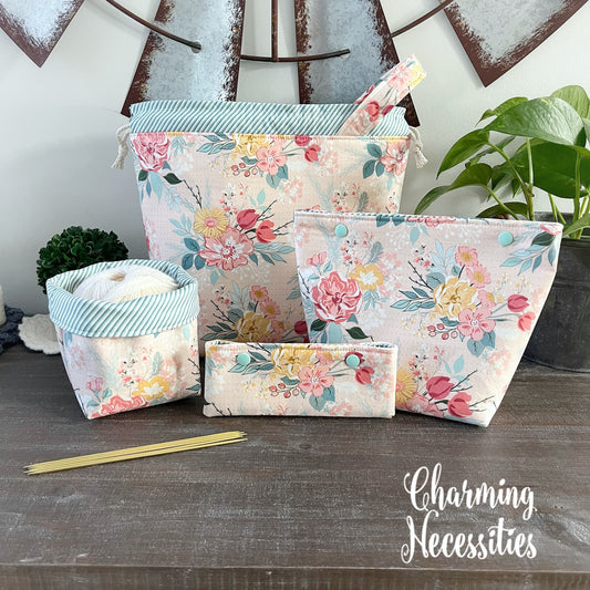 Knitting Project Bag Set, Pastel Floral on Pink