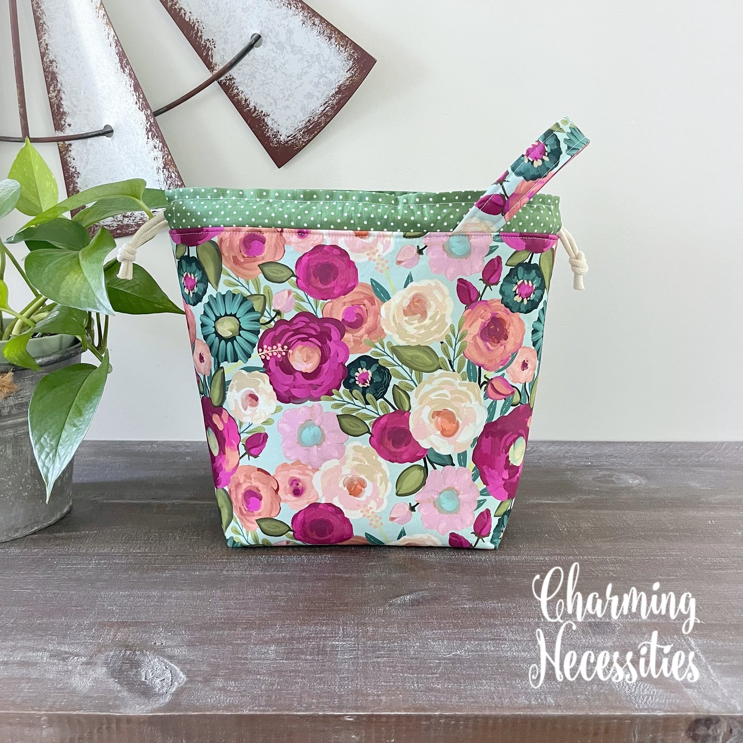 Knitting Project Bag, Vibrant Floral Drawstring Tote