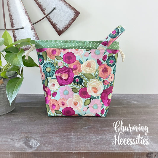 Knitting Project Bag, Vibrant Floral Drawstring Tote