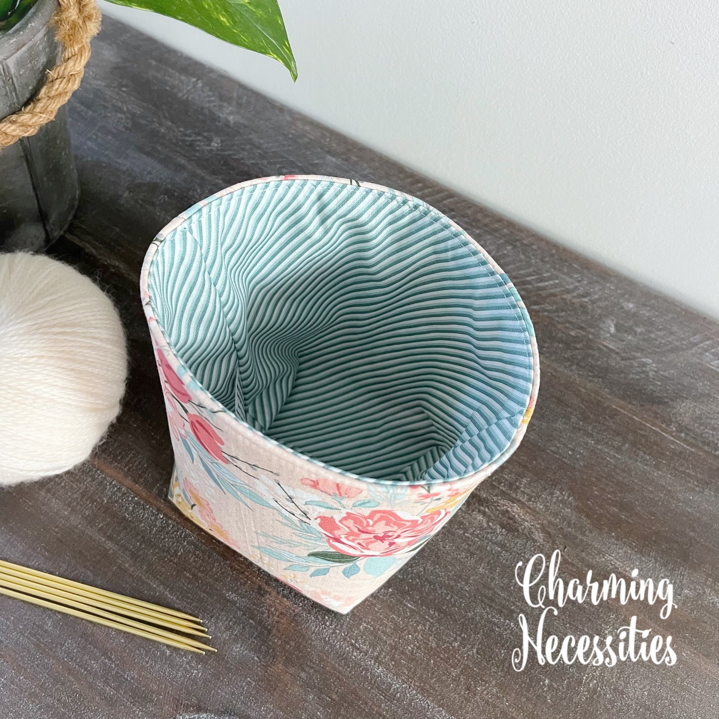 Yarn Bowl Cozy Basket, Pastel Floral on Pink, Knitting Accessories Yarn Storage Organization