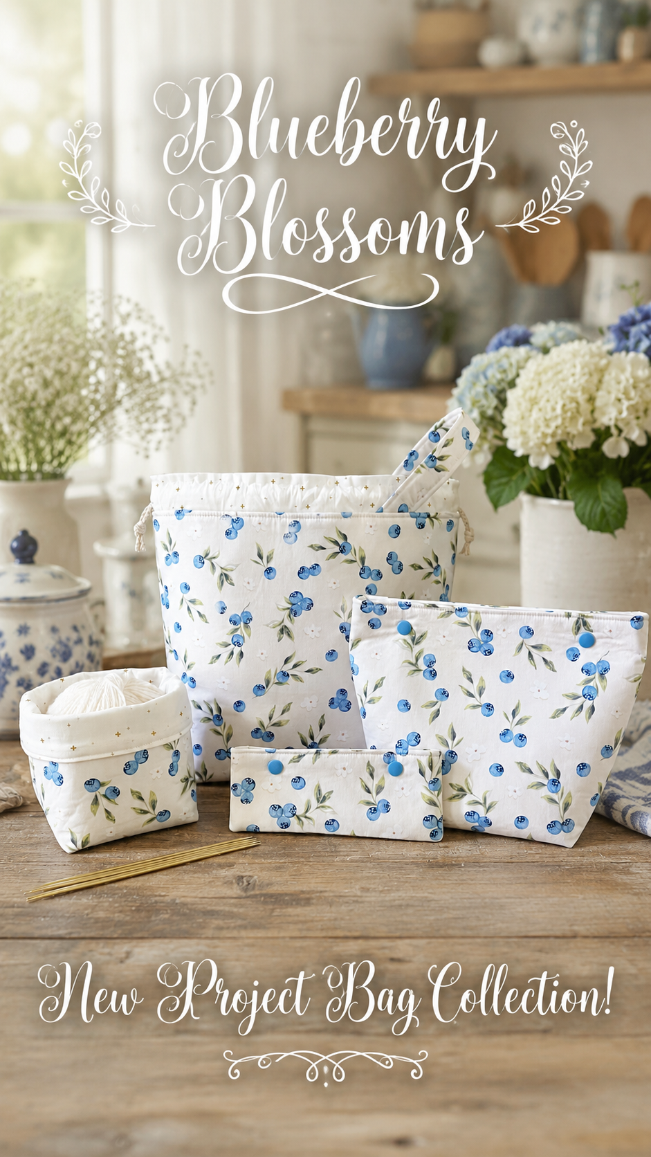 Knitting Project Bag Set, Blueberry Blossoms