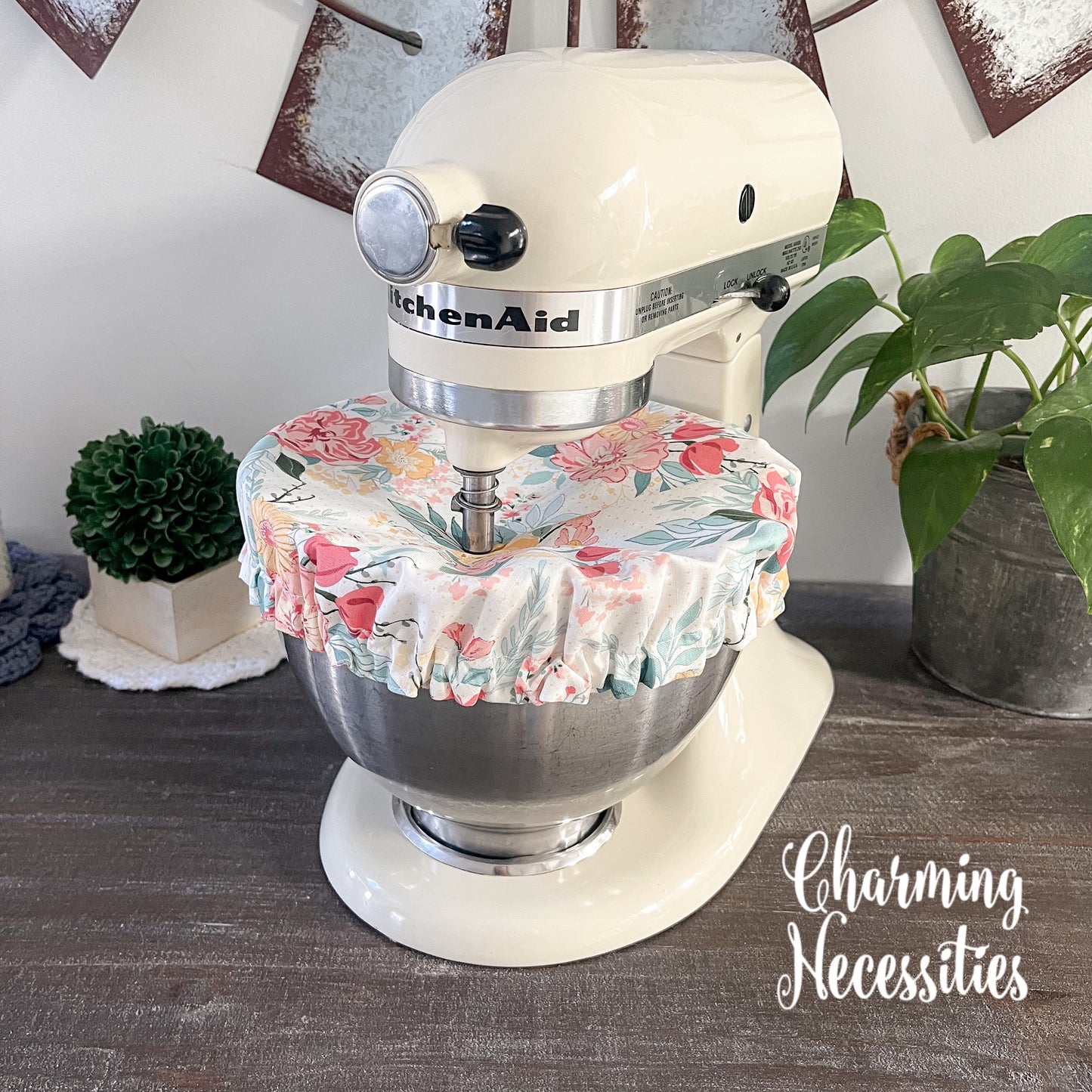 Reusable Fabric Bowl Covers – Cotton Covers for KitchenAid Mixers & Bread Baking, Pastel Floral Ivory