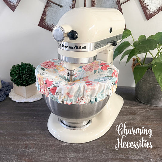 Reusable Fabric Bowl Covers – Cotton Covers for KitchenAid Mixers & Bread Baking, Pastel Floral Ivory