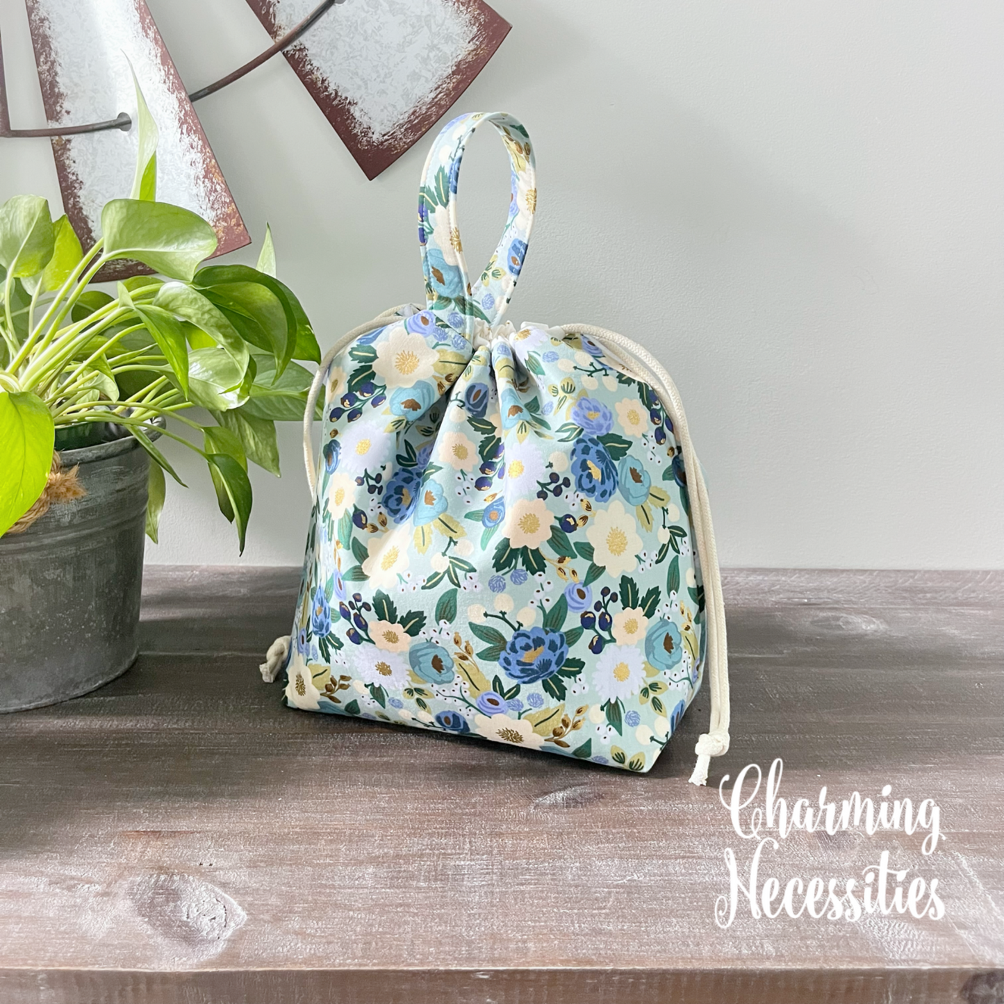 Knitting Project Bag, Rifle Paper Co Vintage Blossoms Mint Drawstring Tote