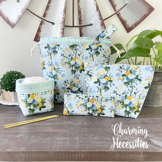 Knitting Project Bag Set, Rifle Paper Co Dahlia Blue