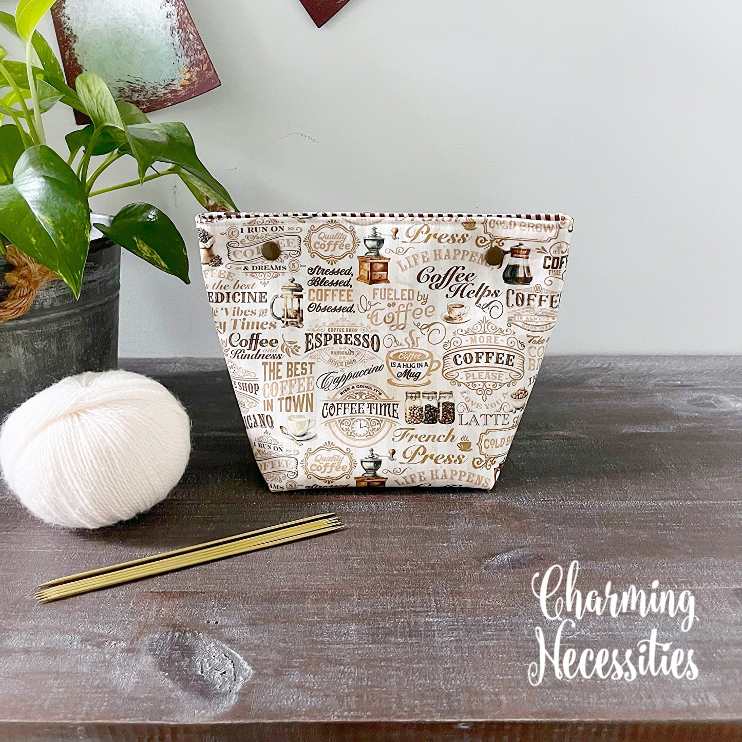 Small Snap Project Bag, Coffee Lover, Crochet Sewing Pouch, Gifts for Knitters Crocheters