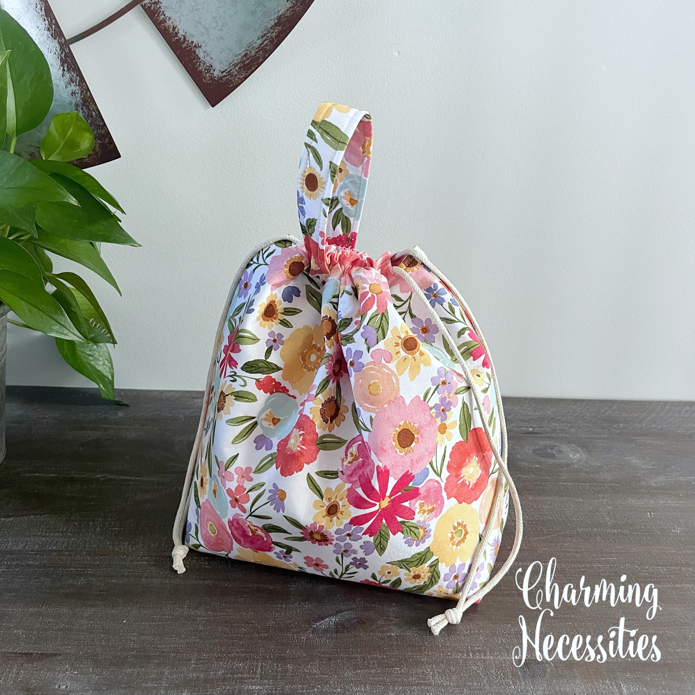 Knitting Project Bag, Summer Wildflower Floral Pink Drawstring Tote