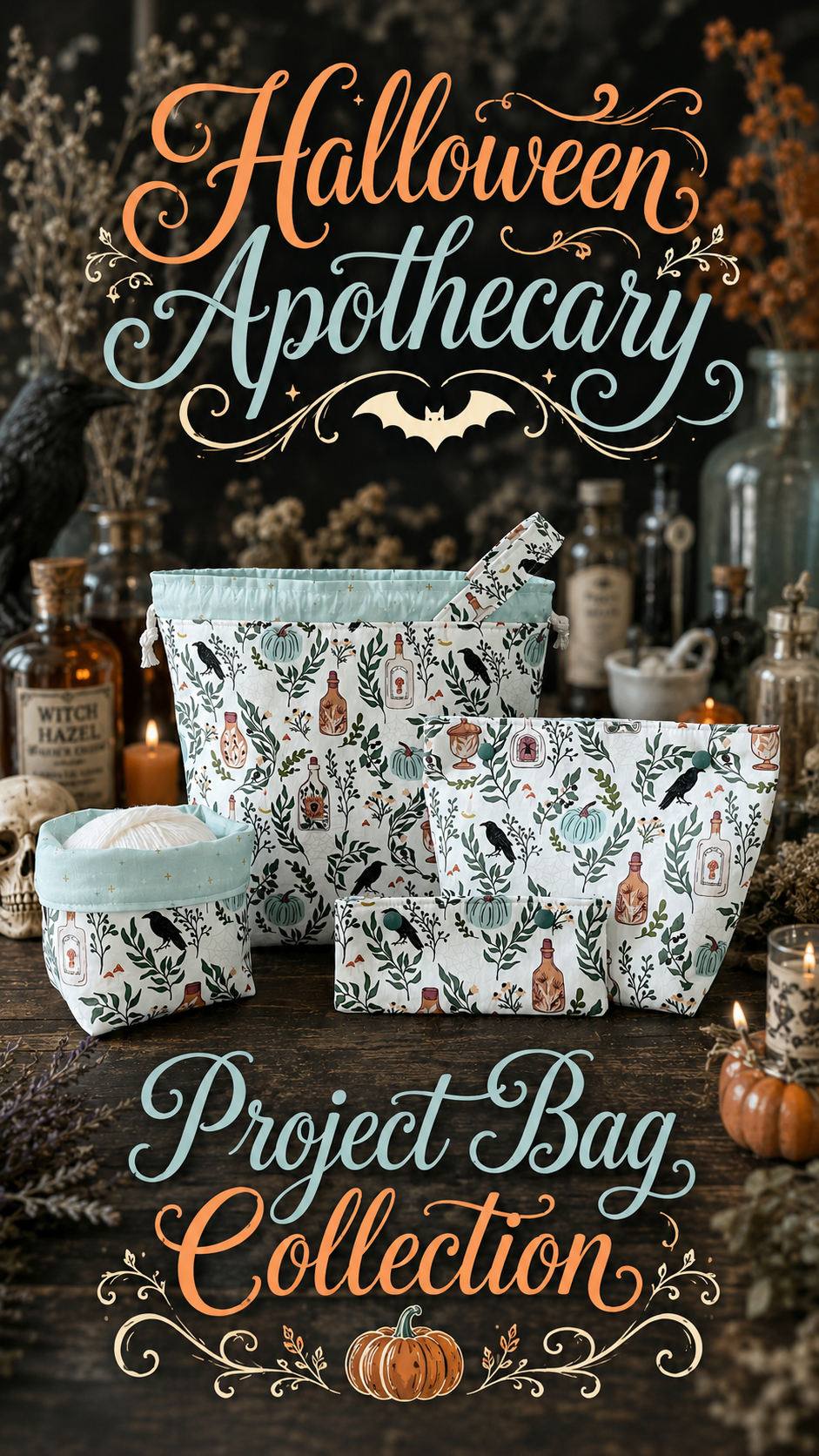 Knitting Project Bag Set, Halloween Apothecary Ivory