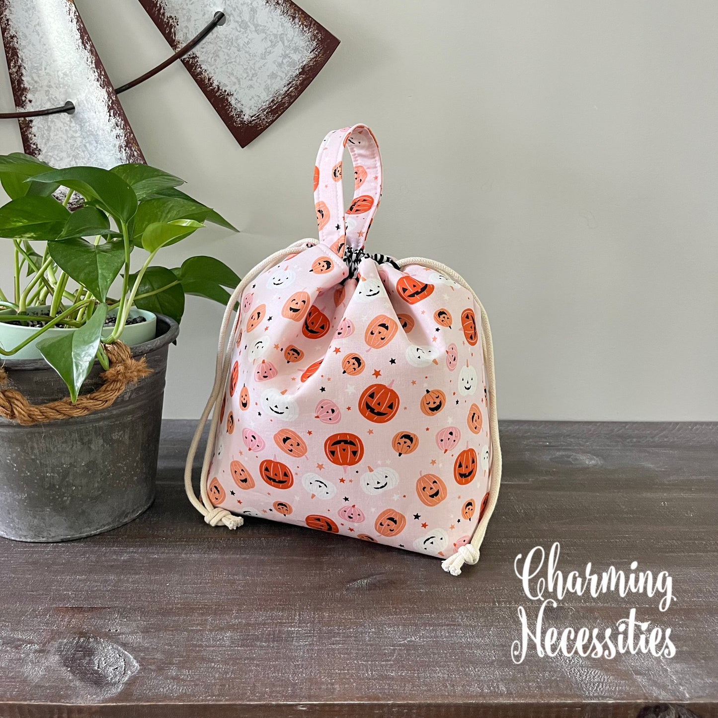 Knitting Project Bag, Jack o Lanterns on Pink Drawstring Tote