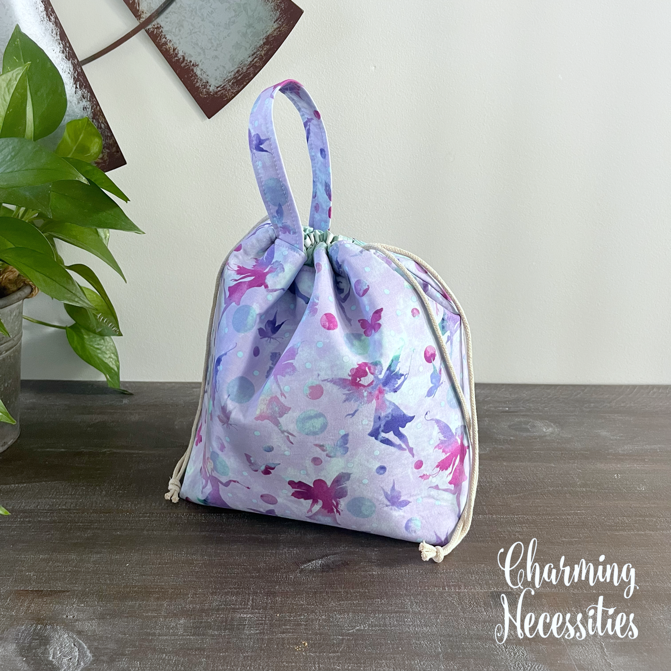 Knitting Project Bag, Fairies on Lavender Drawstring Tote