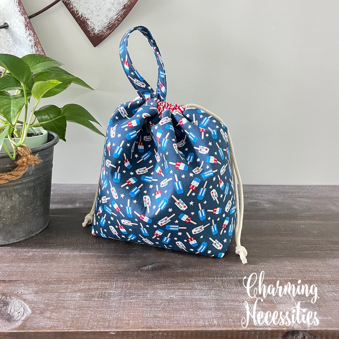 Knitting Project Bag, Patriotic Popsicles Drawstring Tote