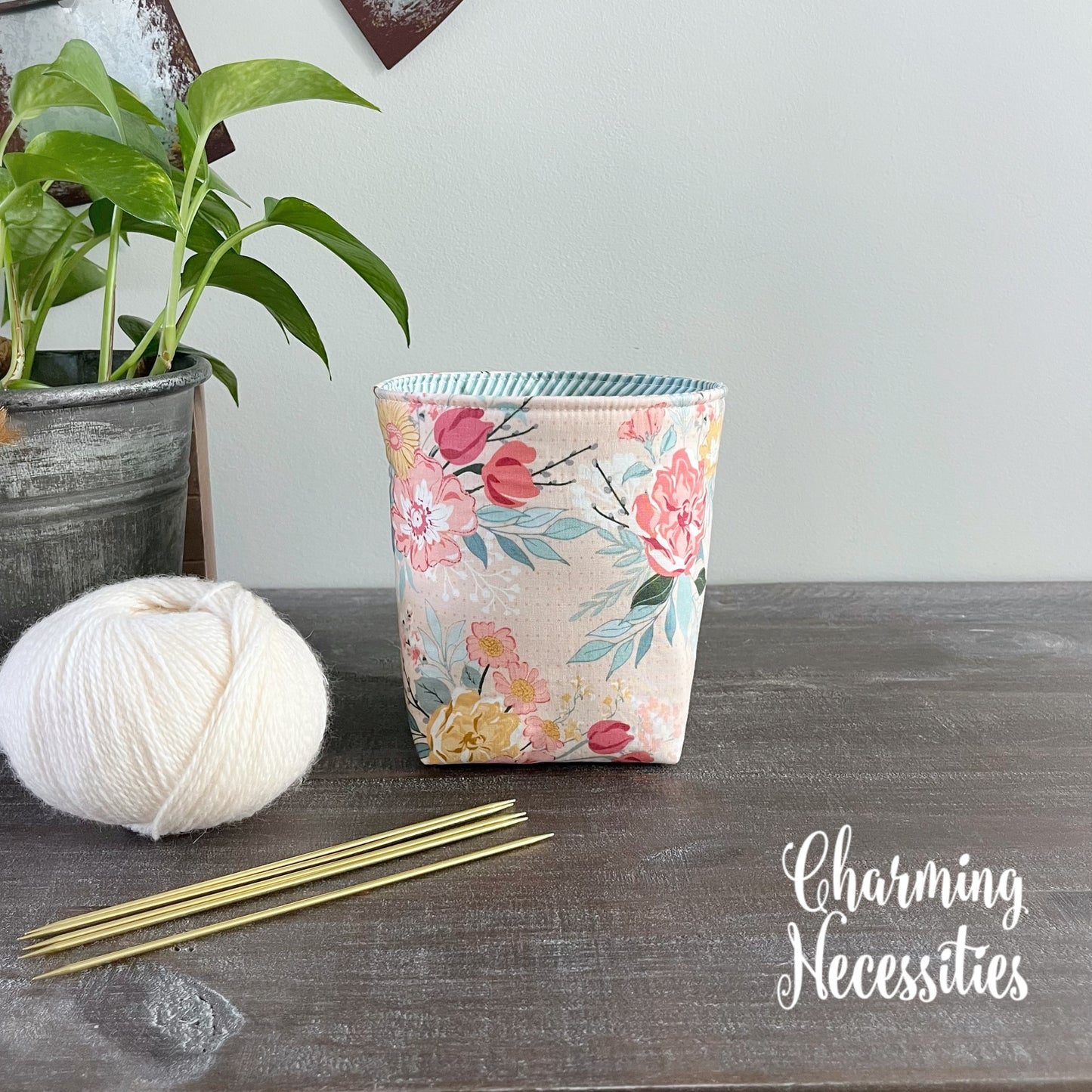 Yarn Bowl Cozy Basket, Pastel Floral on Pink, Knitting Accessories Yarn Storage Organization