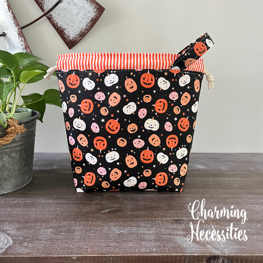 Knitting Project Bag, Jack o Lanterns on Black Drawstring Tote