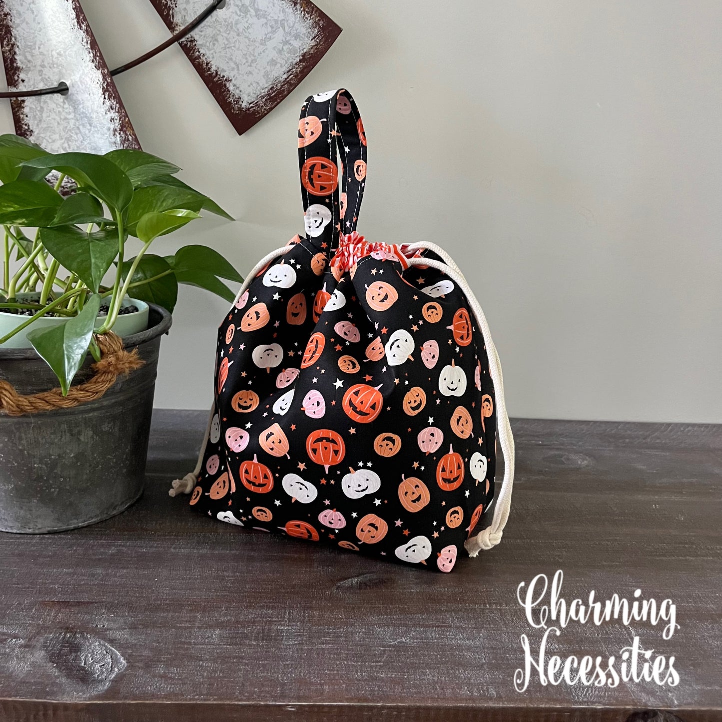 Knitting Project Bag, Jack o Lanterns on Black Drawstring Tote