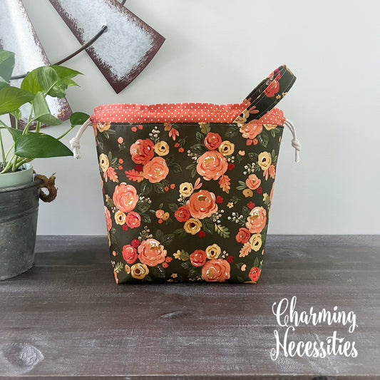 Knitting Project Bag, Fall Watercolor Floral Drawstring Tote