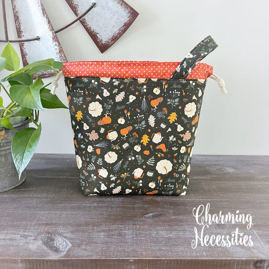 Knitting Project Bag, Fall Favorites on Dark Green Drawstring Tote Bag