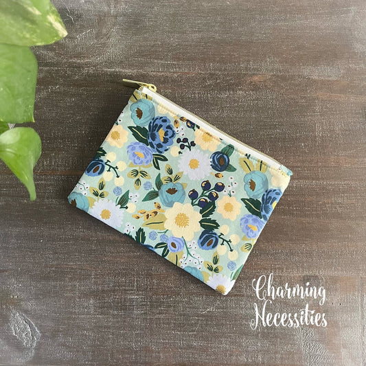 Floral Notions Zipper Pouch, Rifle Paper Co Vintage Blossoms Mint, Essentials Oils Pouch, Small Organization Bag