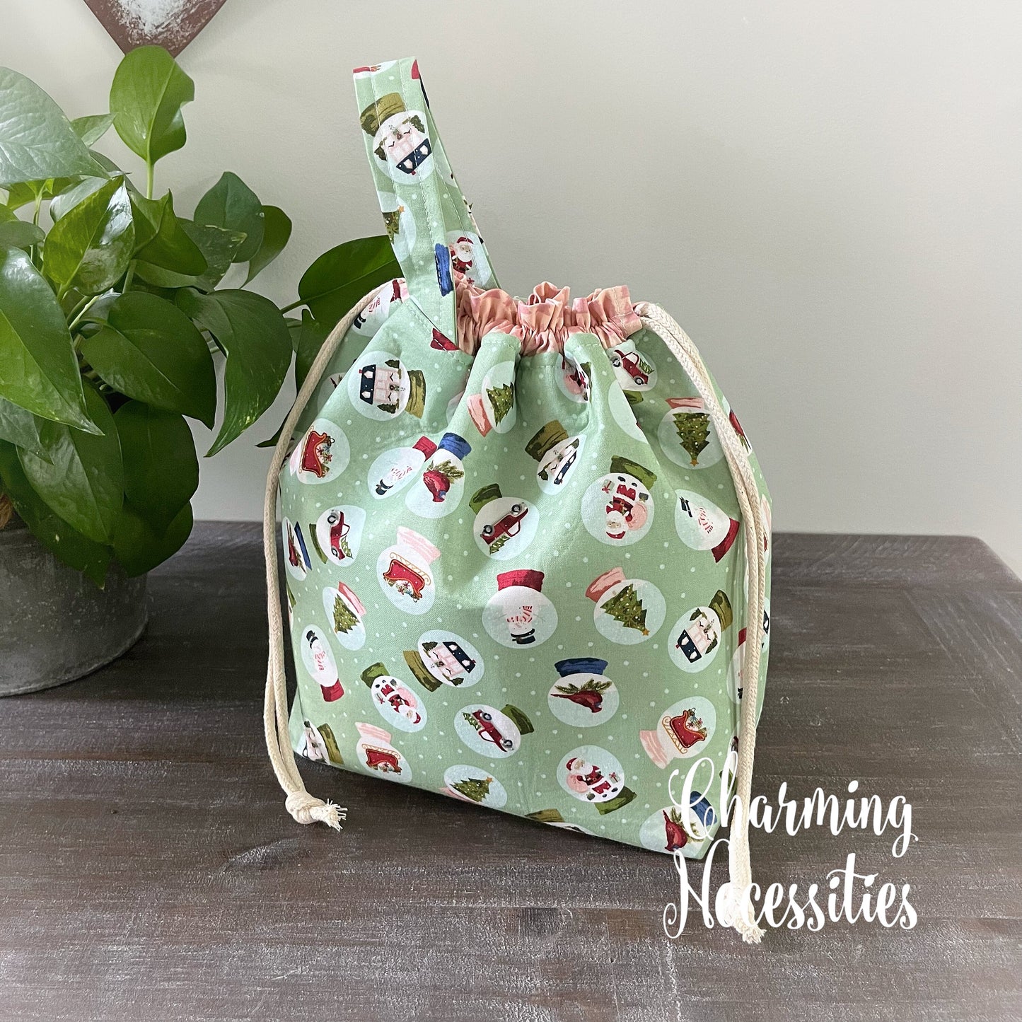 Knitting Project Bag, Holiday Snow Globes Drawstring Tote Bag