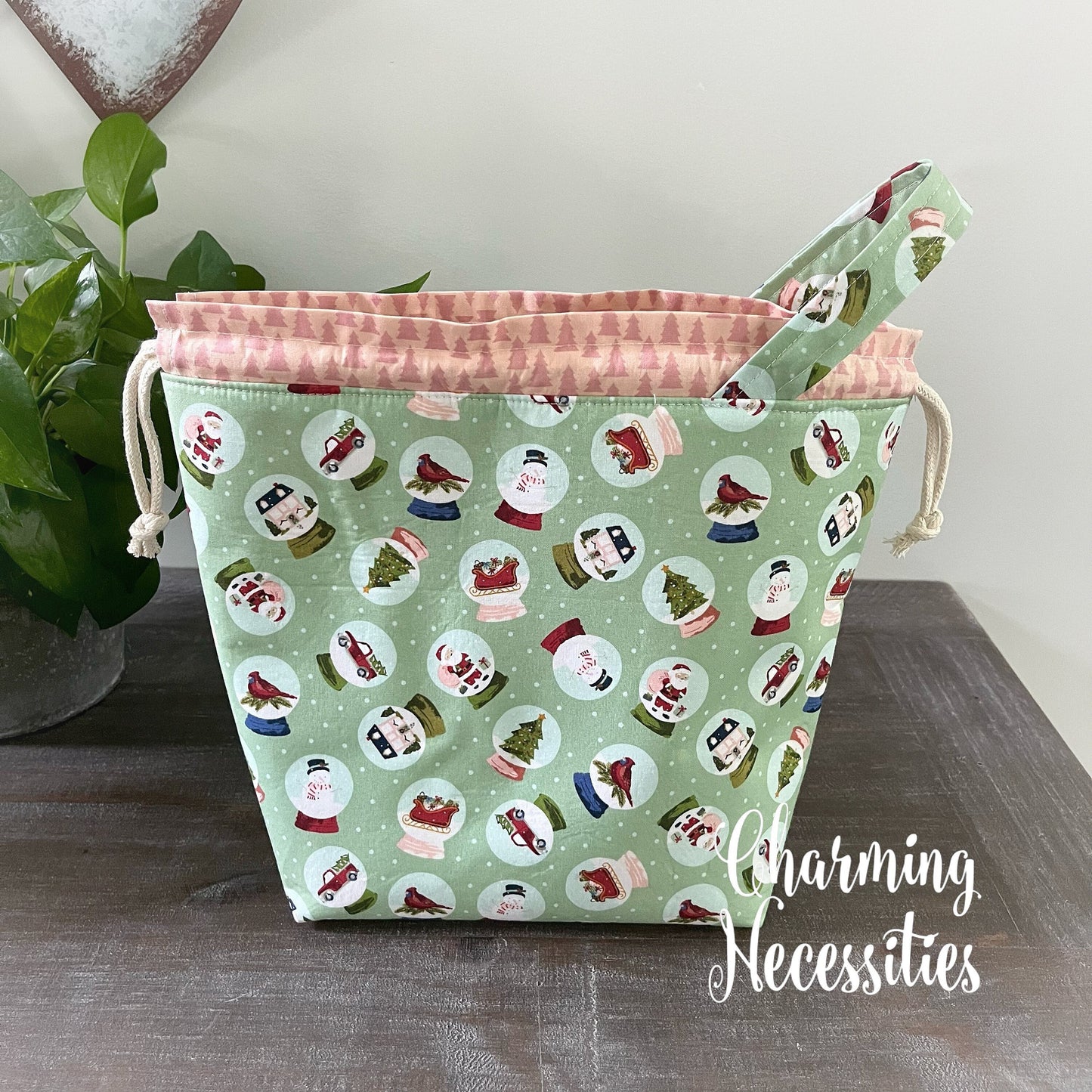 Knitting Project Bag, Holiday Snow Globes Drawstring Tote Bag