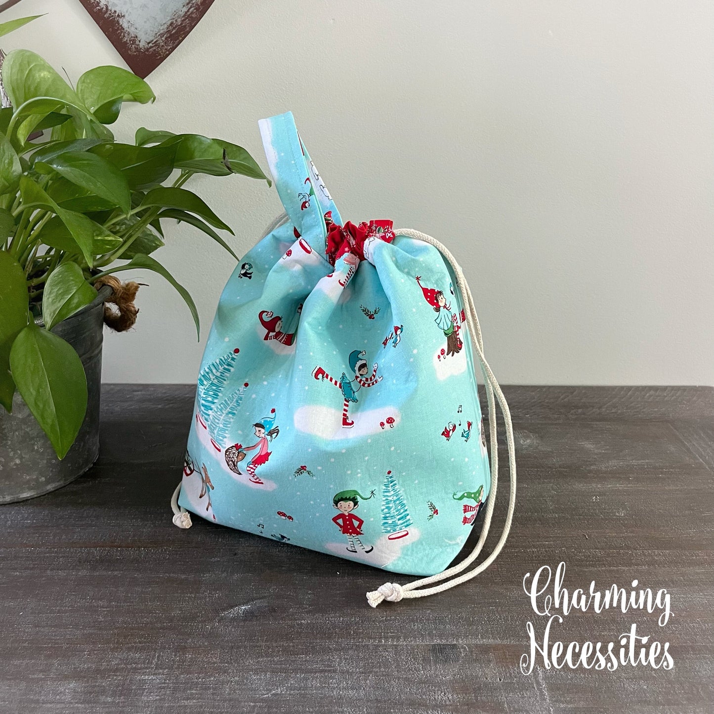 Knitting Project Bag, Blue Holiday Christmas Elves Drawstring Tote