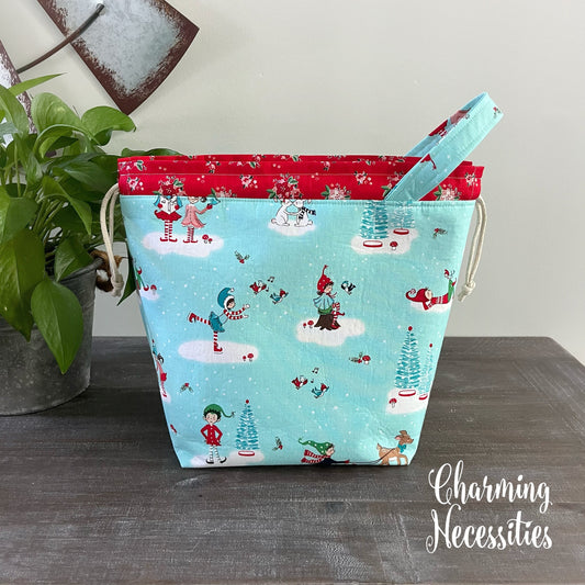 Knitting Project Bag, Blue Holiday Christmas Elves Drawstring Tote