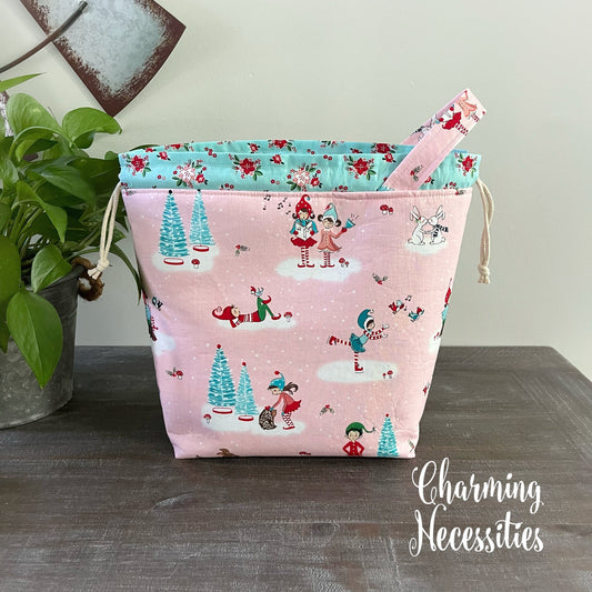 Knitting Project Bag, Pink Holiday Christmas Elves Drawstring Tote