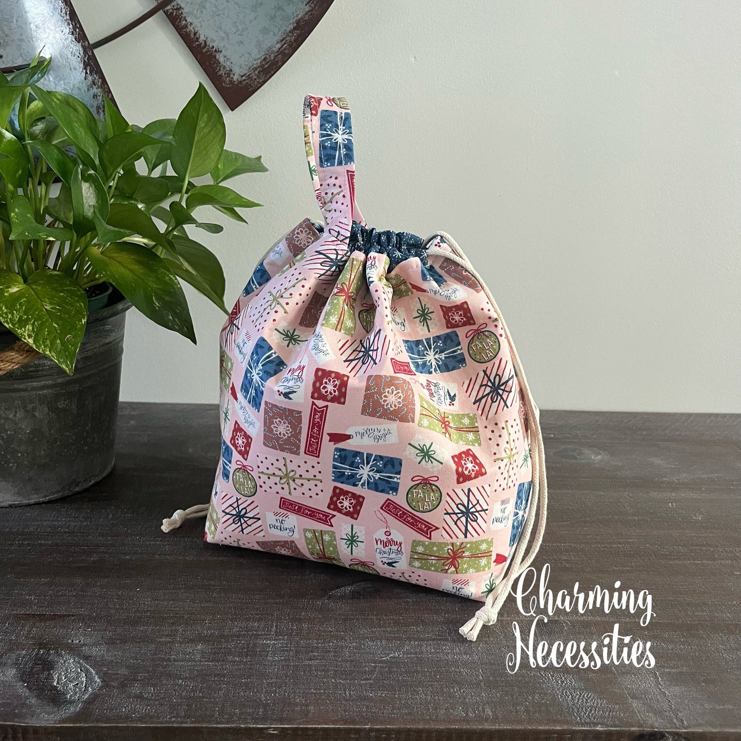 Knitting Project Bag, Christmas Presents Drawstring Tote