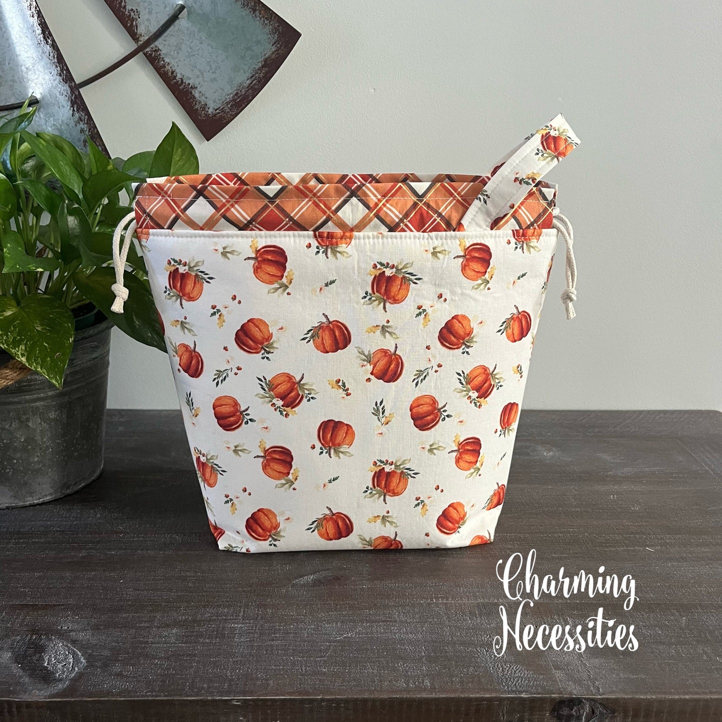 Knitting Project Bag, Fall Pumpkins on Cream Drawstring Tote Bag