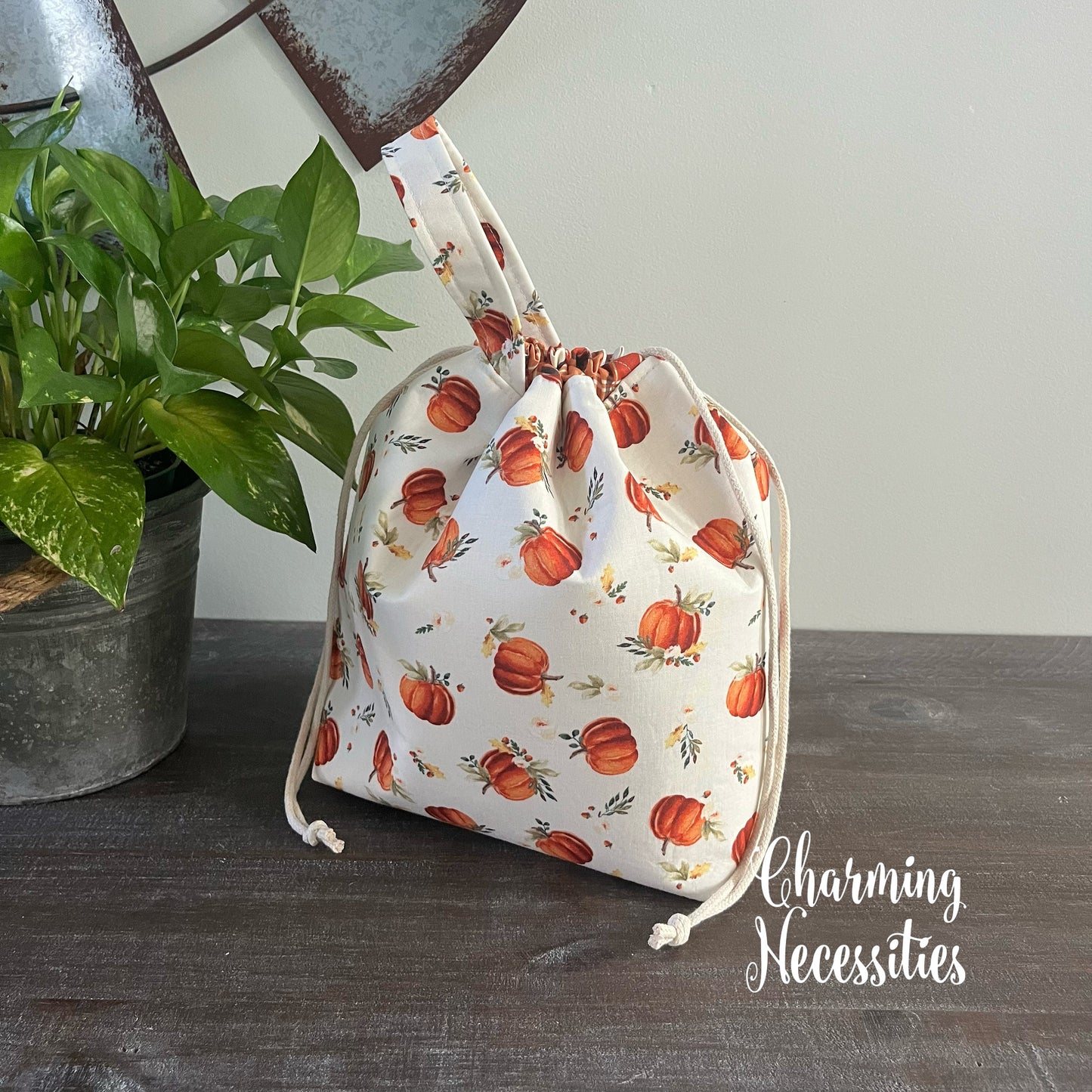 Knitting Project Bag, Fall Pumpkins on Cream Drawstring Tote Bag