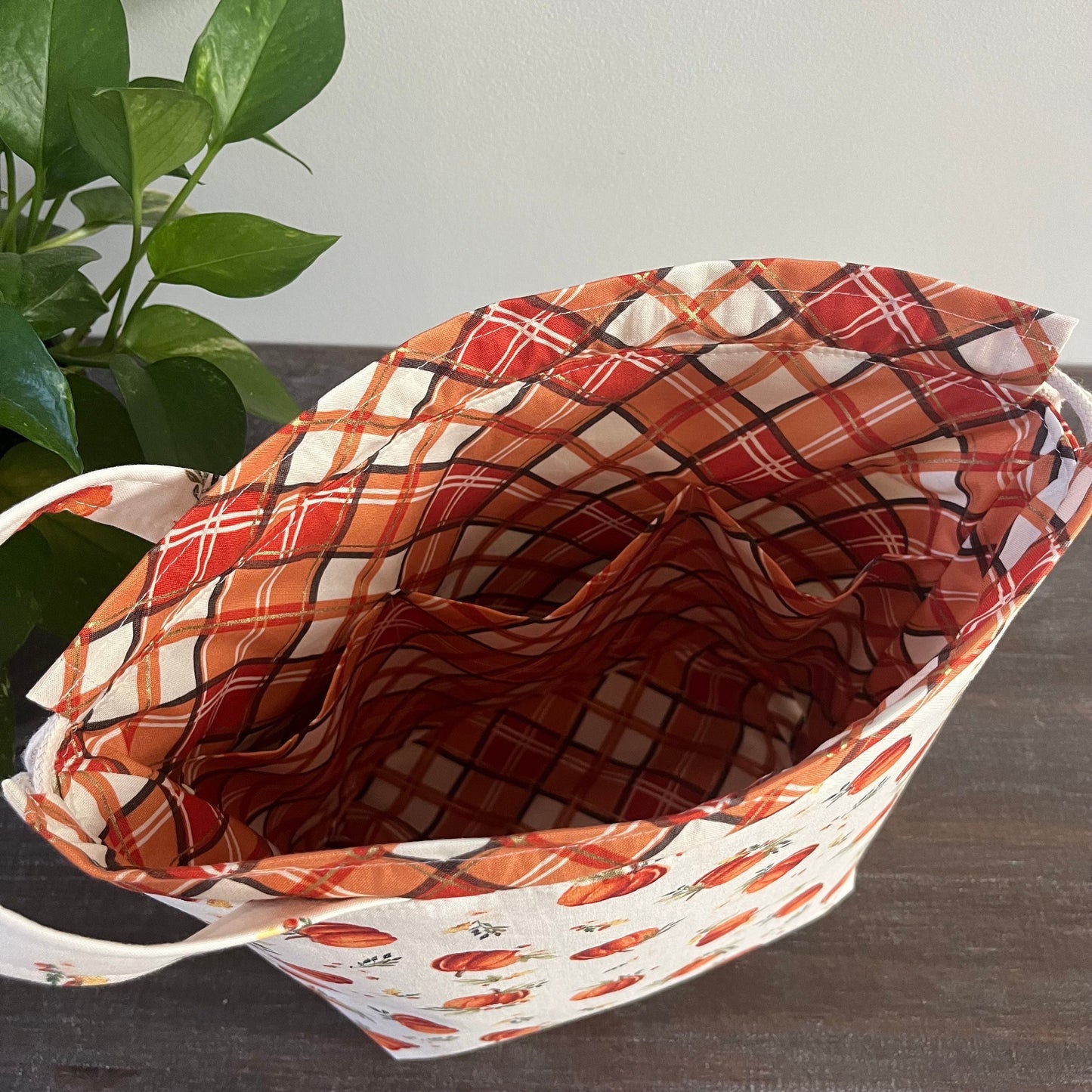 Knitting Project Bag, Fall Pumpkins on Cream Drawstring Tote Bag