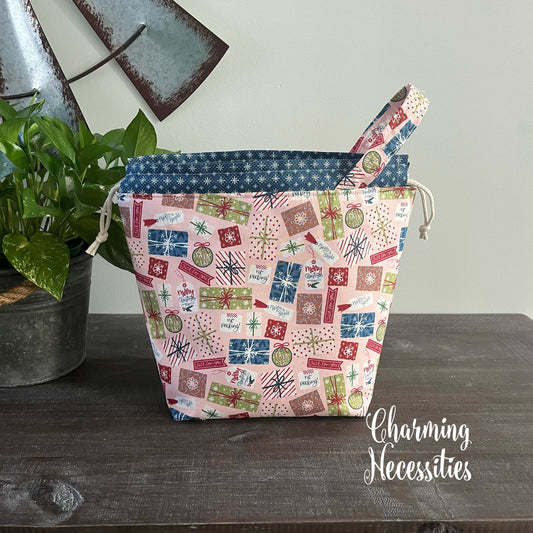 Knitting Project Bag, Christmas Presents Drawstring Tote