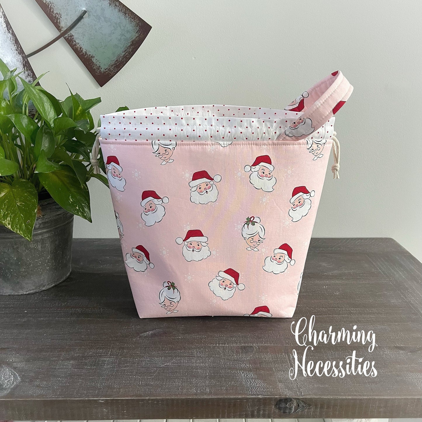 Knitting Project Bag, Santa and Mrs Claus Christmas Drawstring Tote