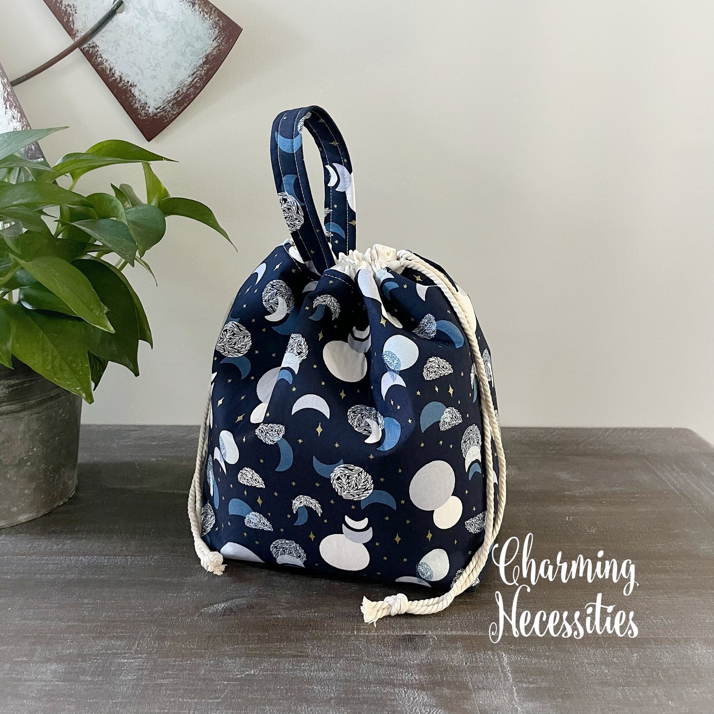 Knitting Project Bag, Moon and Stars Celestial Cosmic Drawstring Tote