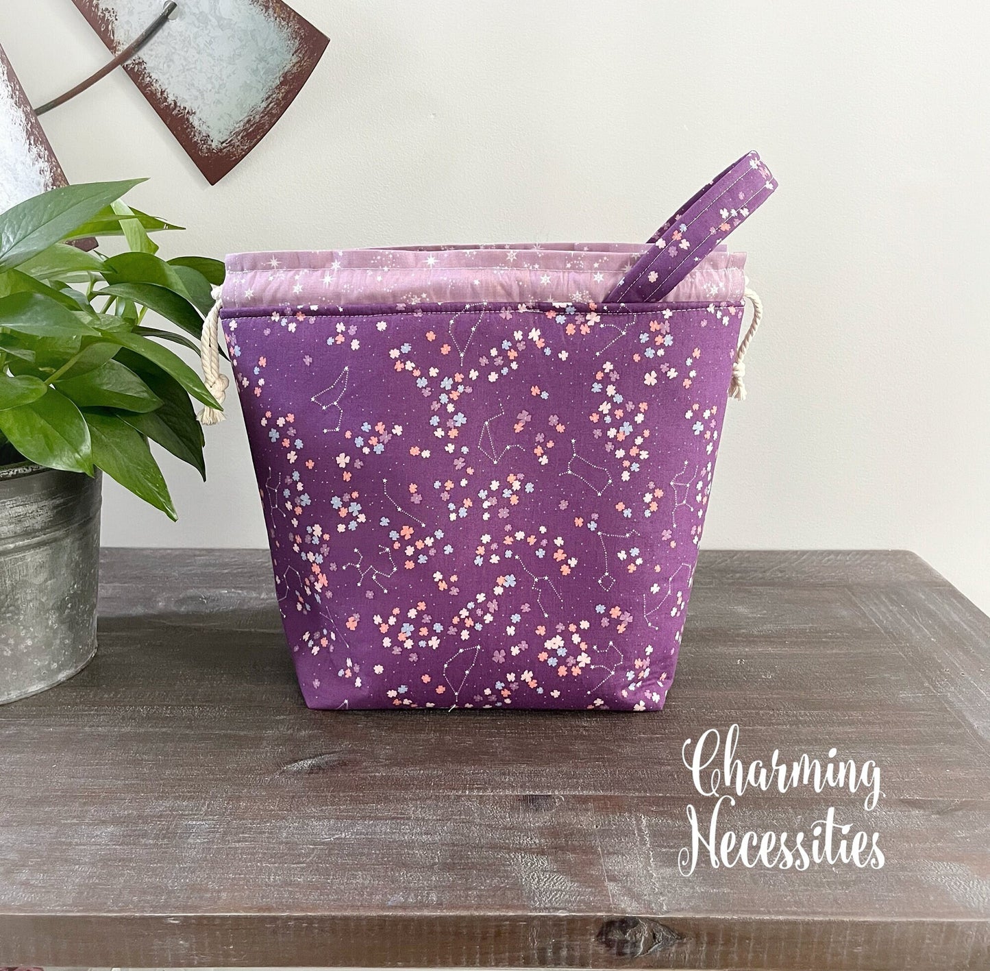 Constellations in Plum Knitting Project Bag, Celestial Cosmic Drawstring Tote