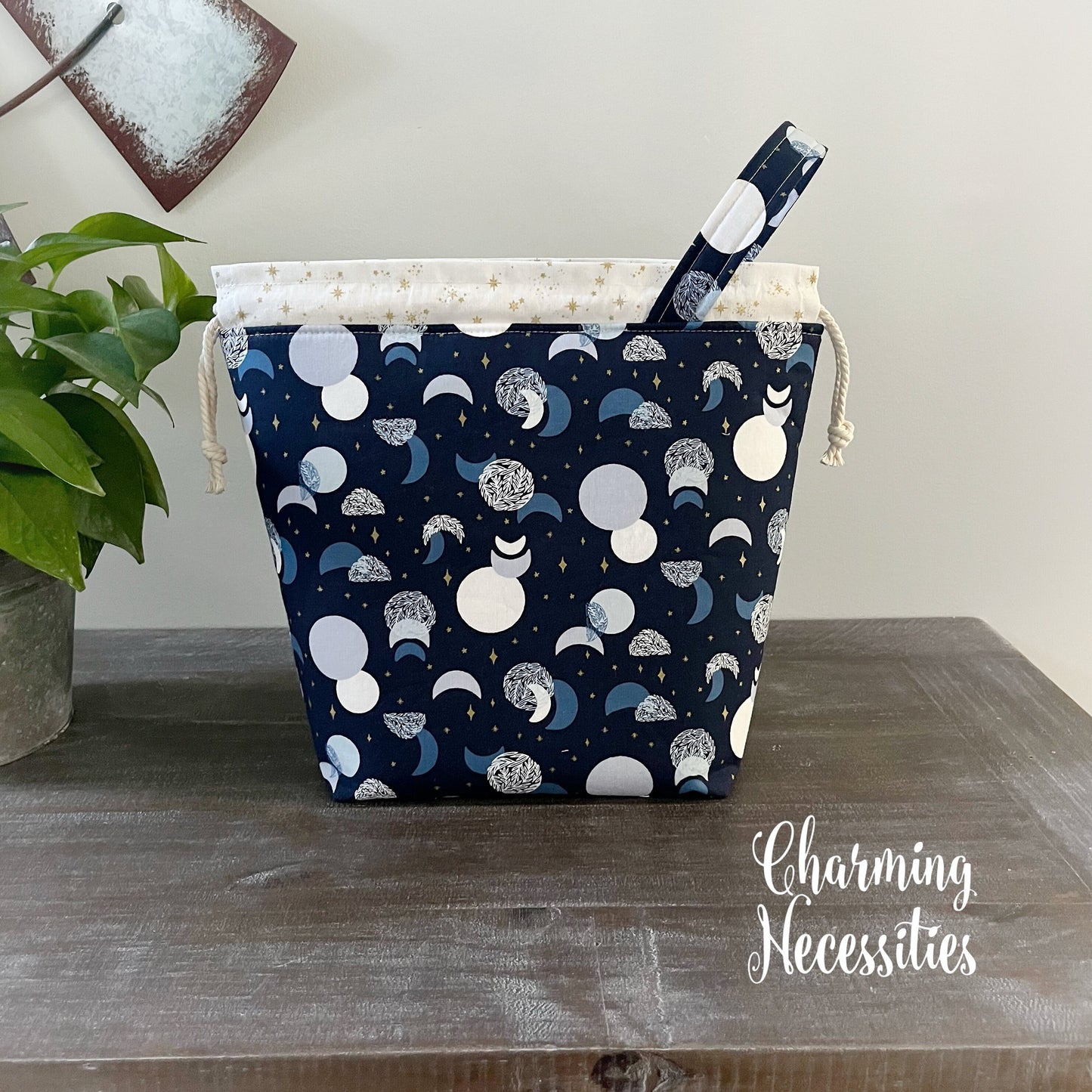 Knitting Project Bag, Moon and Stars Celestial Cosmic Drawstring Tote