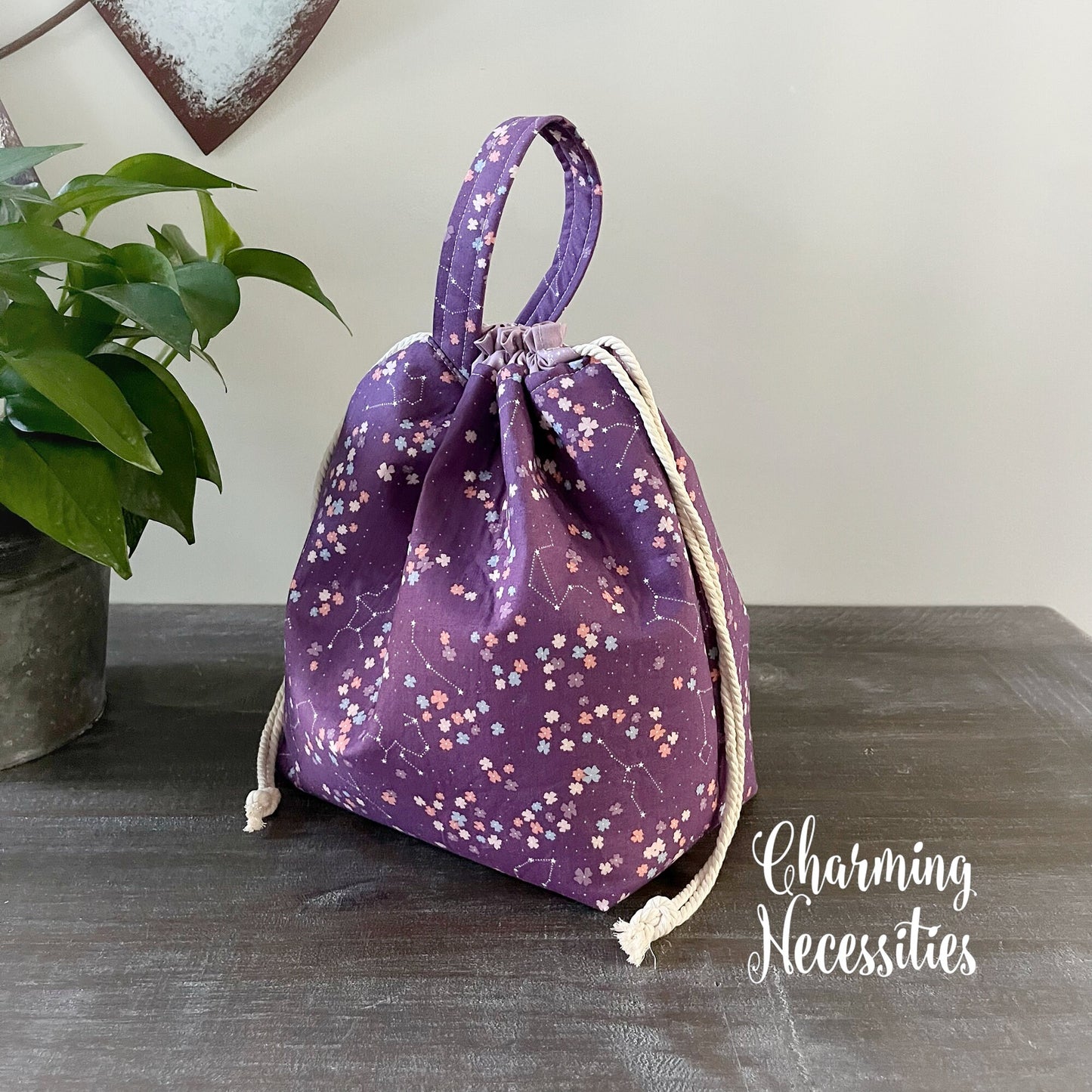 Constellations in Plum Knitting Project Bag, Celestial Cosmic Drawstring Tote