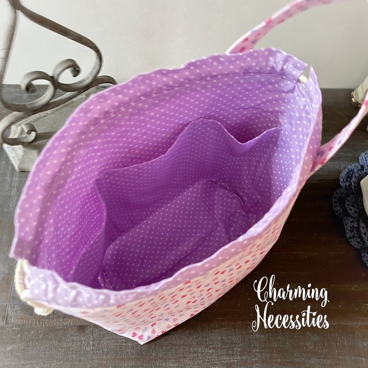 Valentines Knitting Project Bag, Pink Purple Hearts Love Day Drawstring Tote, Crochet Sewing Gifts for Knitters Sock Shawl