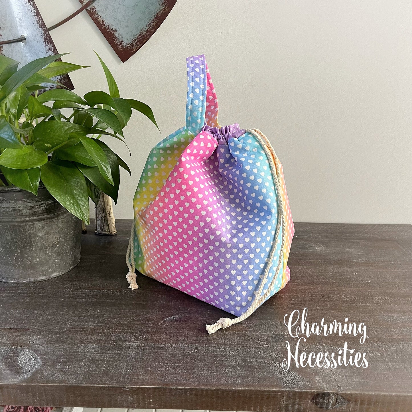 Rainbow Hearts Knitting Project Bag, Valentines Love Day Drawstring Tote