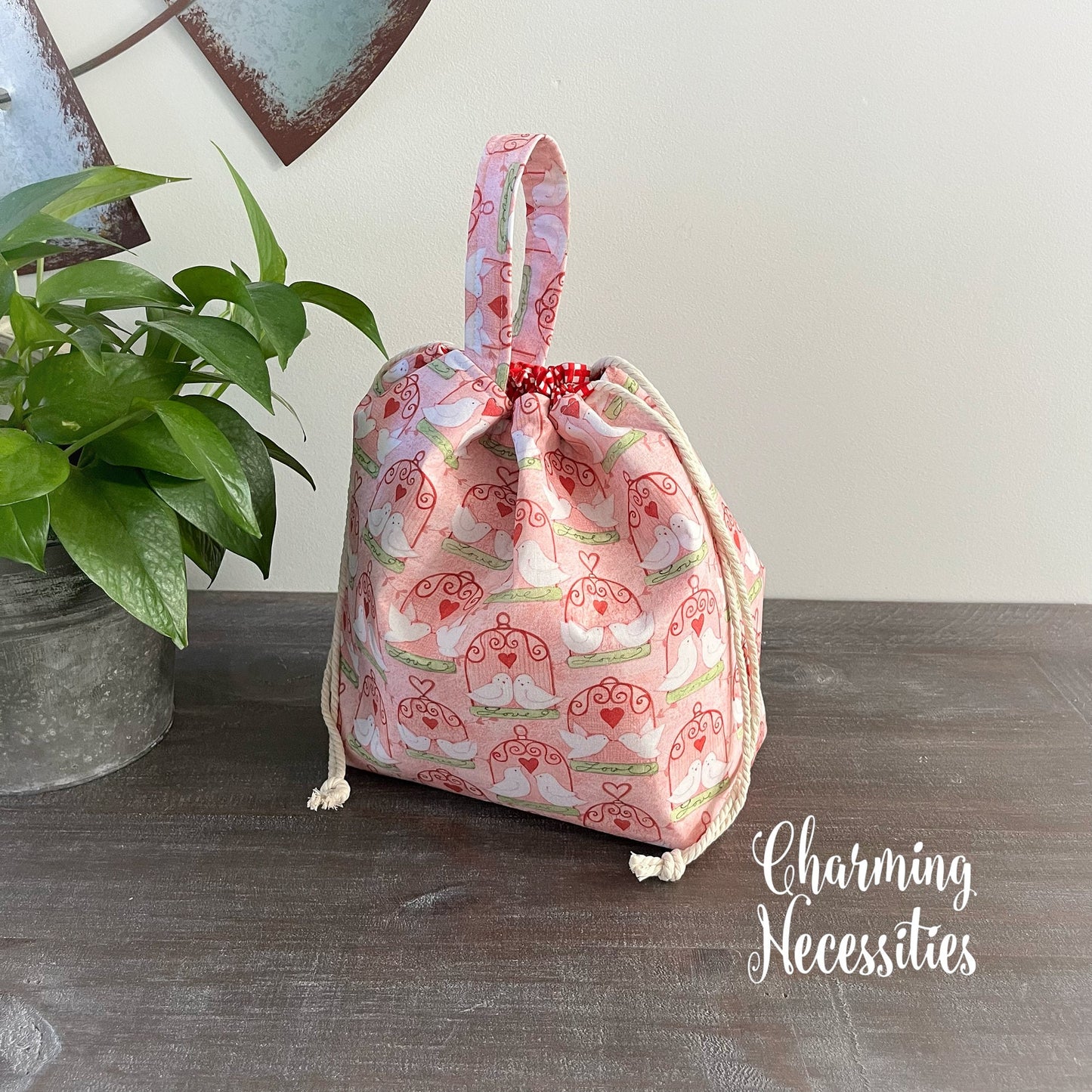 Valentines Knitting Project Bag, Love Birds Love Day Drawstring Tote