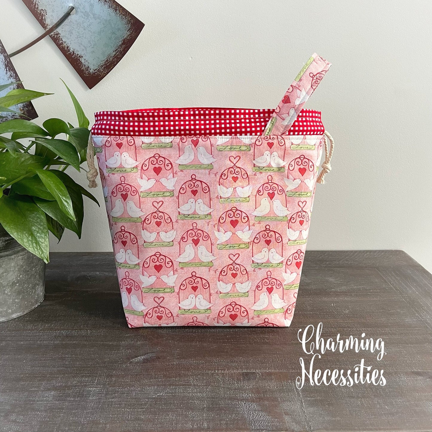 Valentines Knitting Project Bag, Love Birds Love Day Drawstring Tote