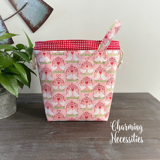 Valentines Knitting Project Bag, Love Birds Love Day Drawstring Tote