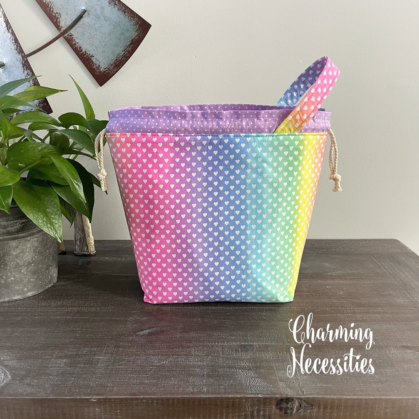 Rainbow Hearts Knitting Project Bag, Valentines Love Day Drawstring Tote