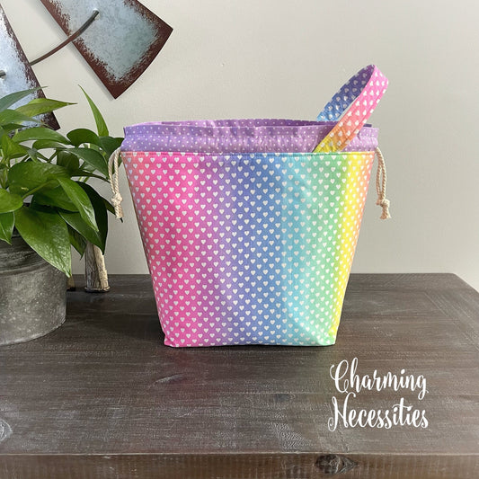 Rainbow Hearts Knitting Project Bag, Valentines Love Day Drawstring Tote