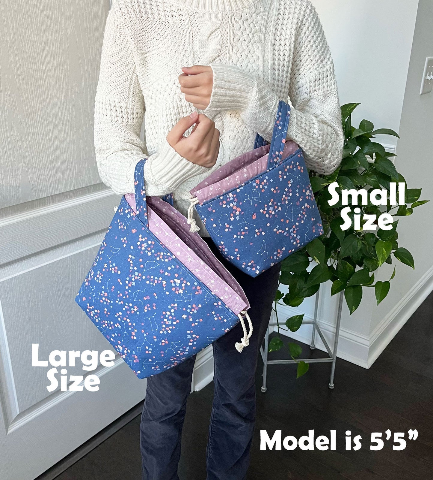 Knitting Project Bag, Spring Gray and Coral Floral Drawstring Yarn Tote