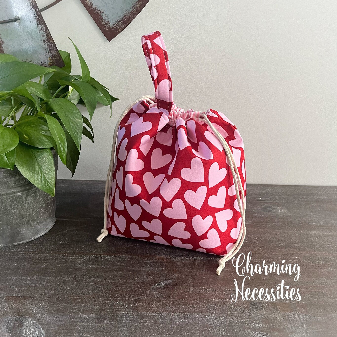 Knitting Project Bag, Large Hearts Valentines Day Drawstring Tote