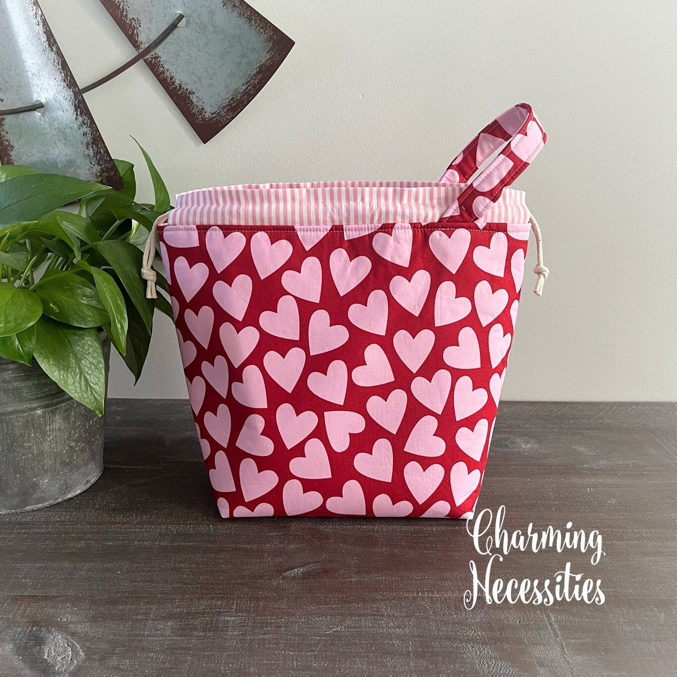 Knitting Project Bag, Large Hearts Valentines Day Drawstring Tote