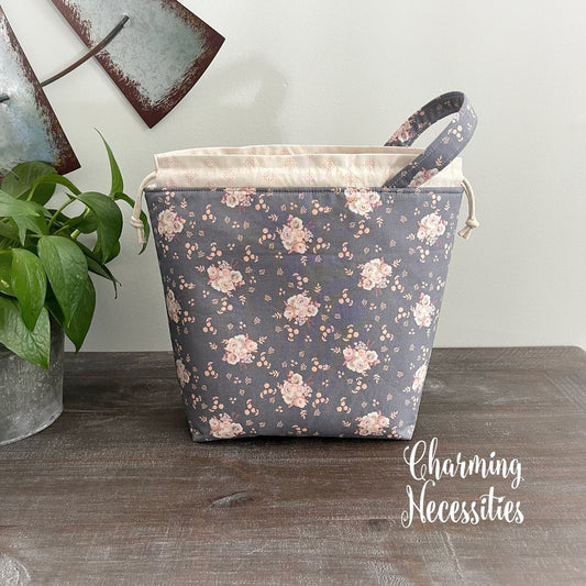 Knitting Project Bag, Spring Gray and Coral Floral Drawstring Yarn Tote