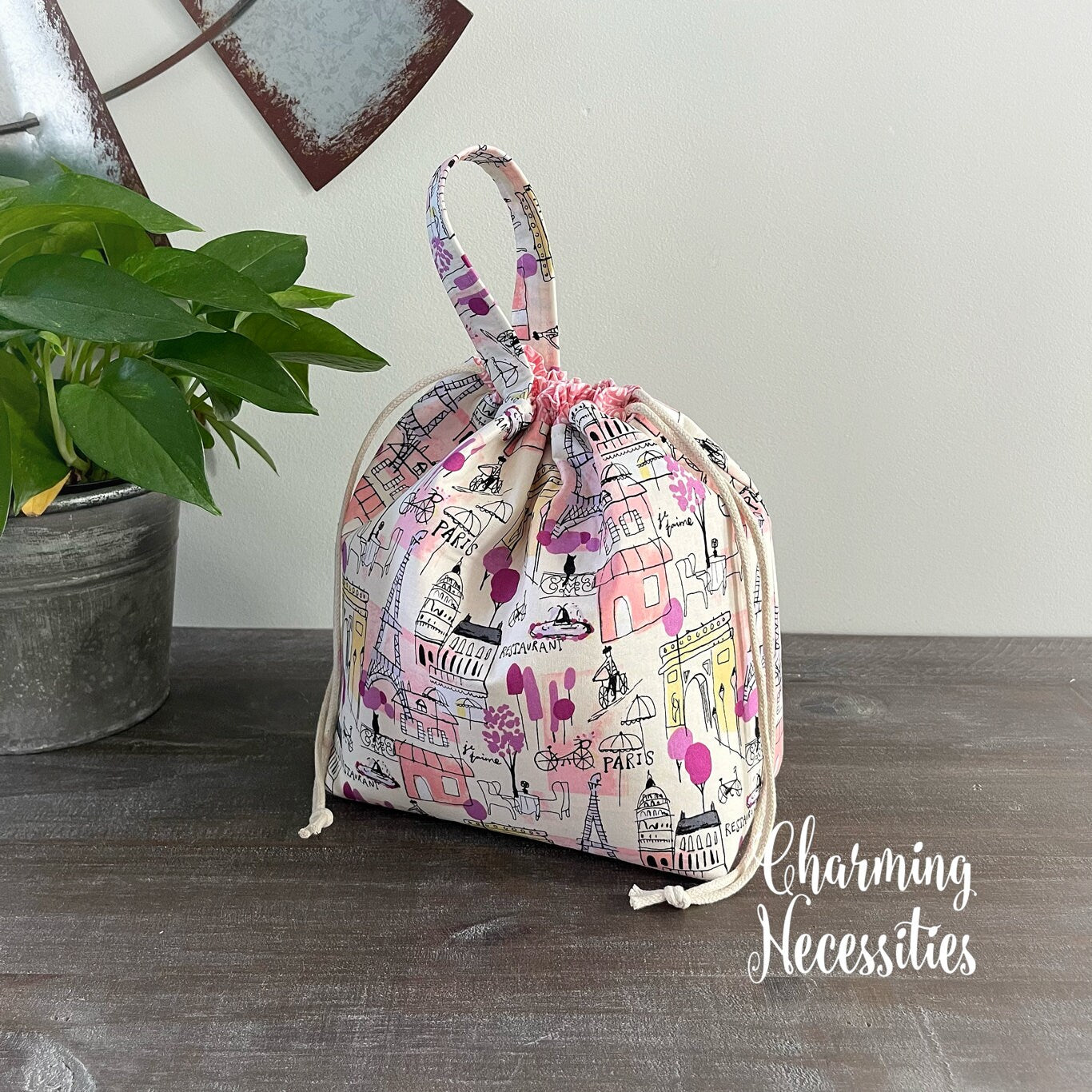 Knitting Project Bag, Paris Cafe French Themed Drawstring Tote